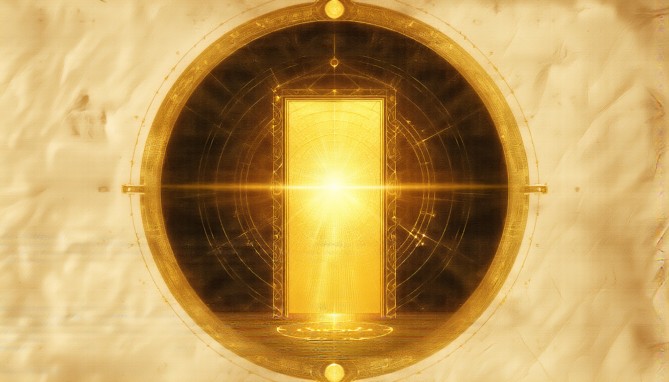 A radiant golden doorway encircled by a particle-collider ring