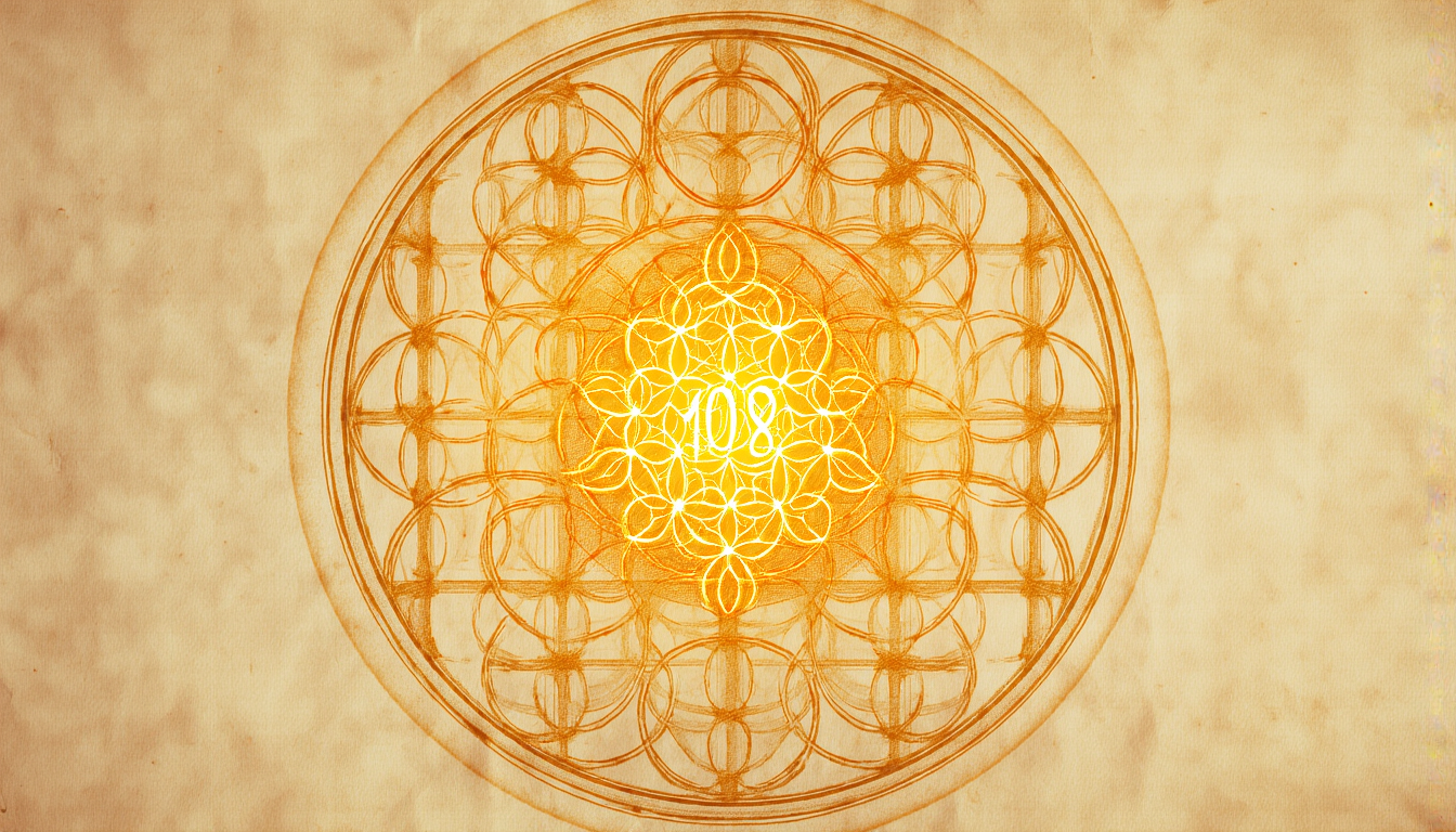 The Fruit of Life sacred geometry with the number 108 at its center