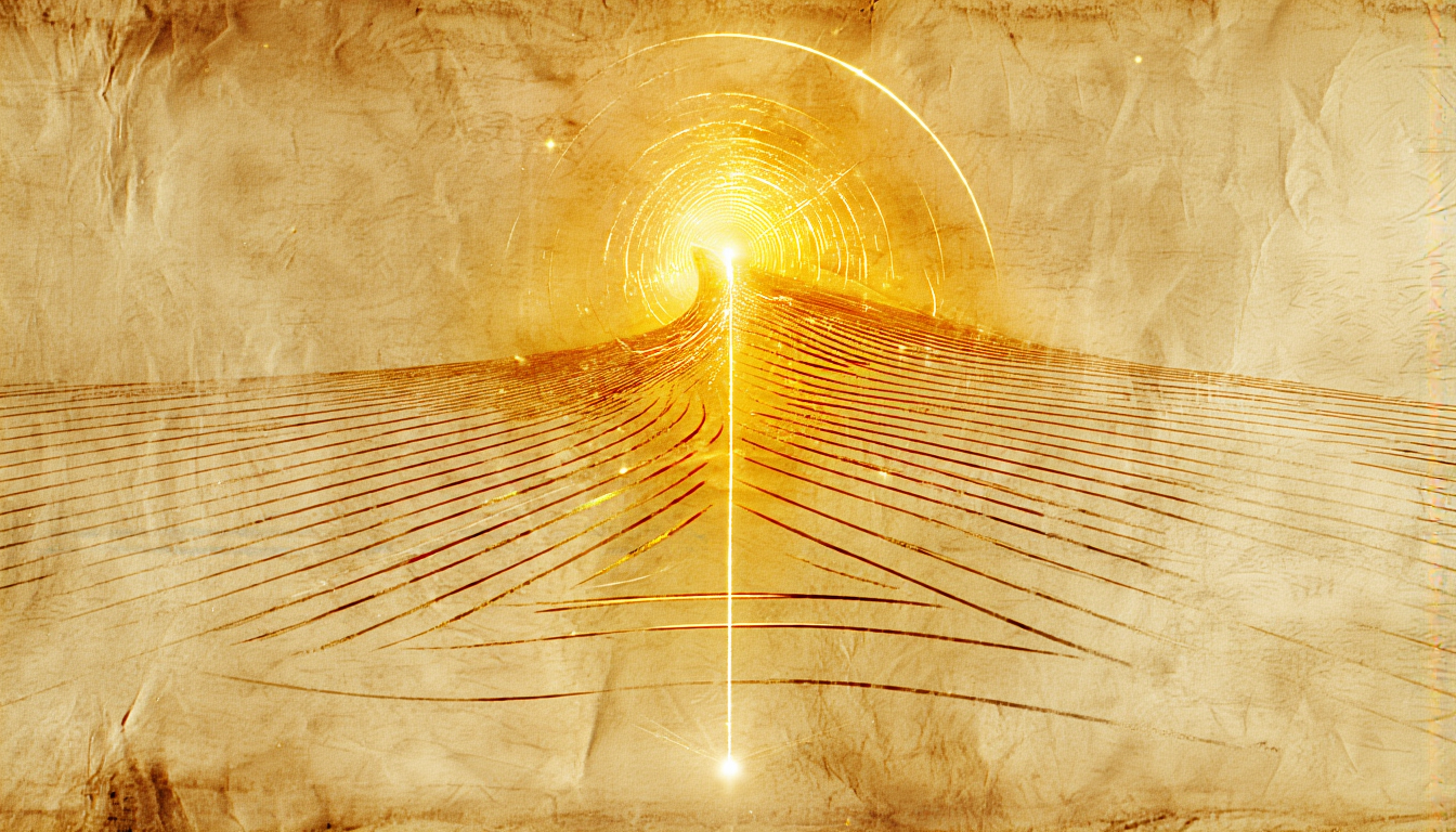 A warped extra dimension folding into our four-dimensional plane, connected by a glowing portal