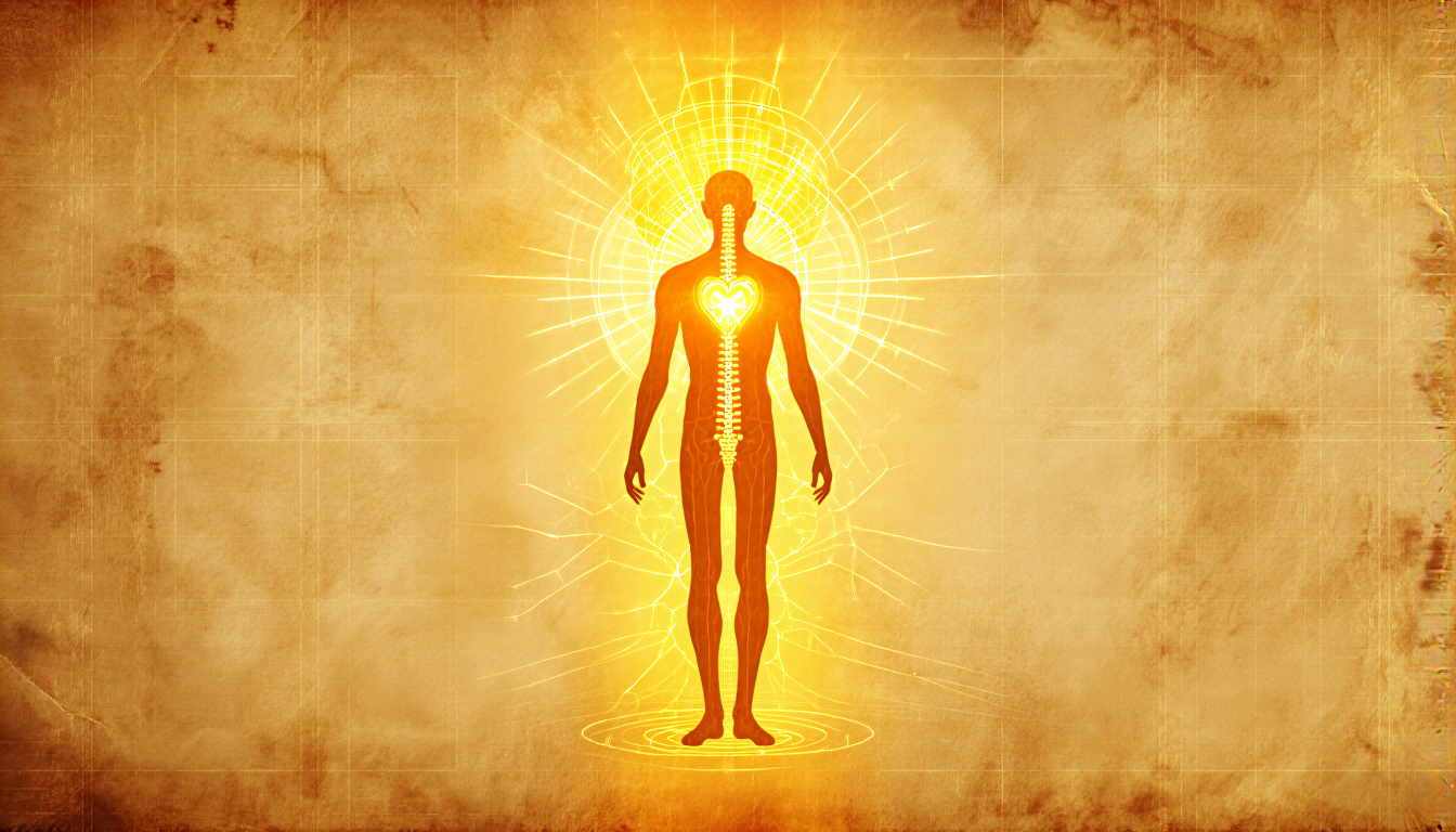 A human silhouette with 13 glowing spine nodes and a golden heart