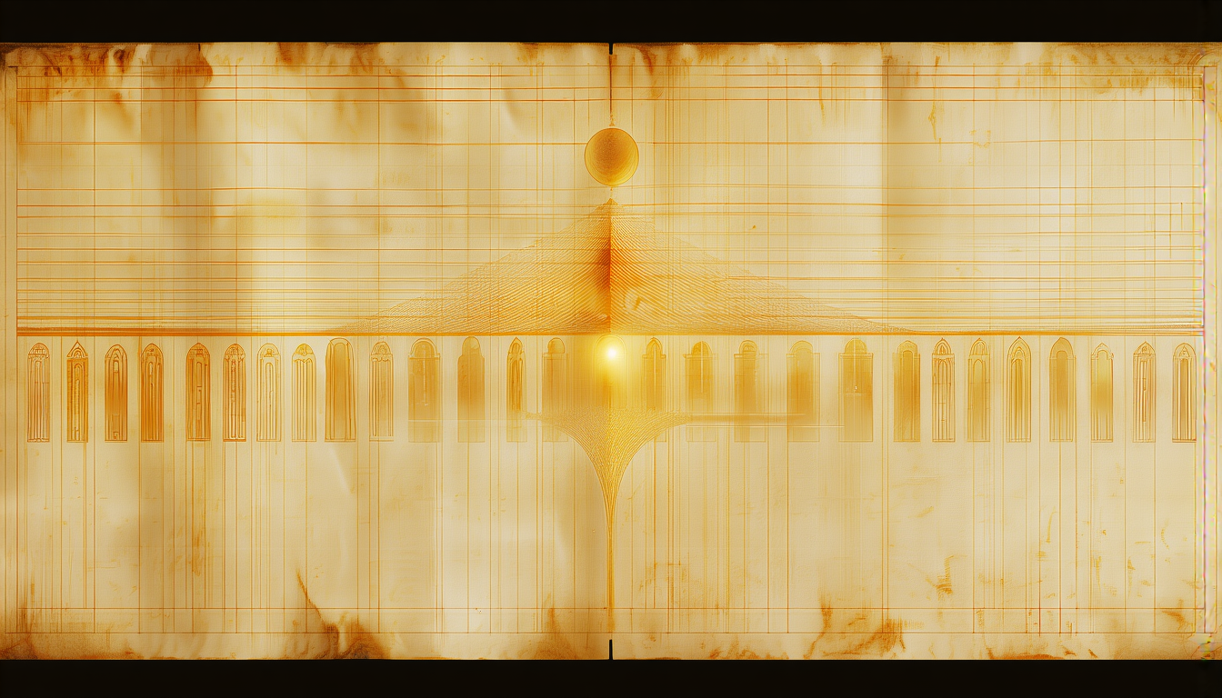 A mirror-symmetric diagram of a hidden dimension above and our reality below, connected by 13 golden gates
