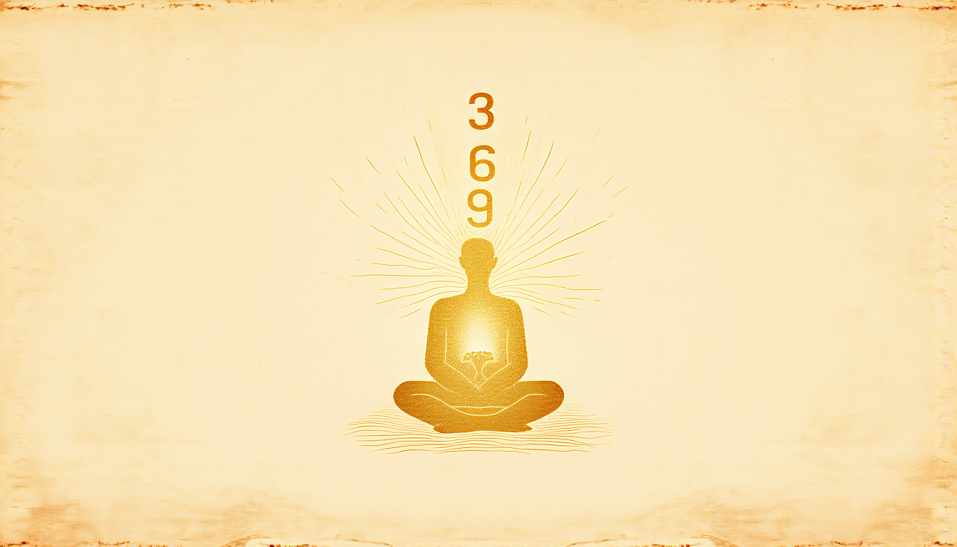 The numbers 3, 6, 9 with a meditating figure, breath waves, and a hand writing