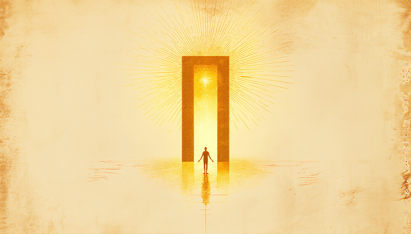 A radiant golden portal of light with a figure standing before it